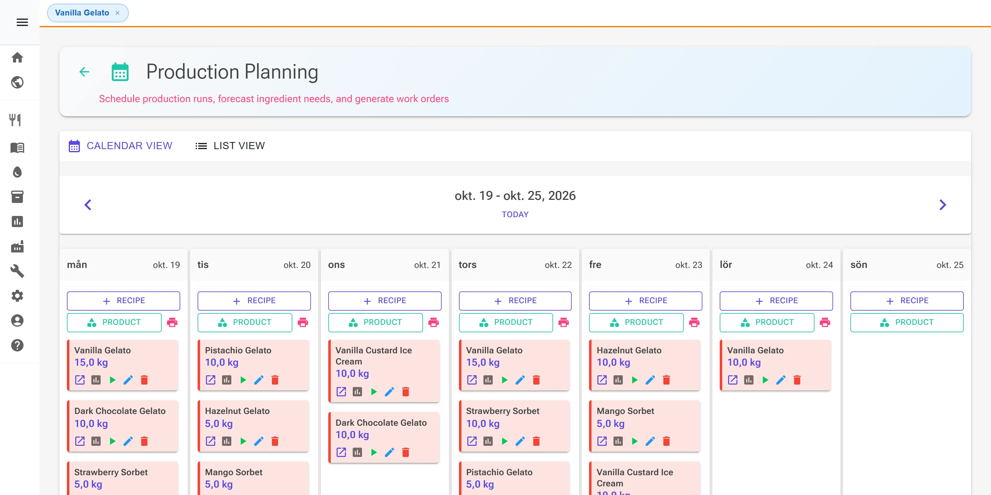 Production planning: a week calendar with gelato and sorbet batches planned for each day